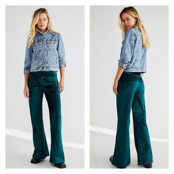 Free People Walk With You Velvet Flare Pants in Emerald Green Size 28 - Picture 5 of 12